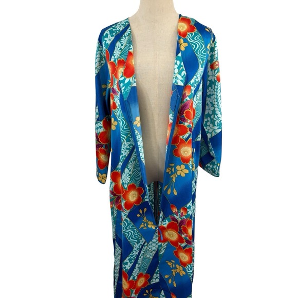 Natori Blue Mikoto Zip Front Kaftan Nightgown Dress Sz S Floral Kimono Style - Picture 5 of 8
